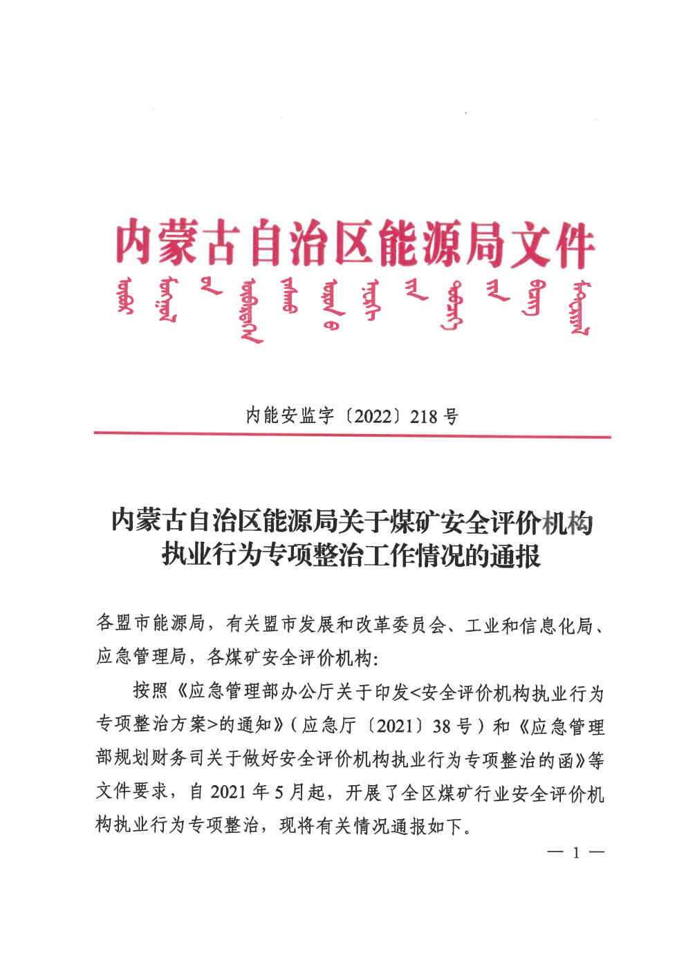 内蒙古自治区能源局关于煤矿安全评价机构执业行为专项整治工作情况通报